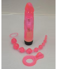 Розовый гелевый набор: вибратор, анальные шарики, кольцо «Slitter Play Kit»